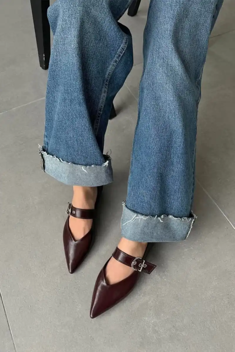 Brano Kadın Kemer Detay Deri Babet Bordo