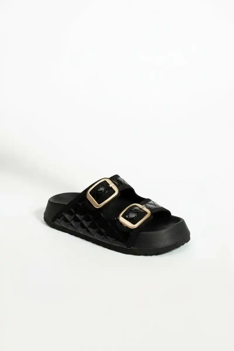 Kapitone Tokalı Kadın Ev Dış Mekan Terlik - Parlak Siyah