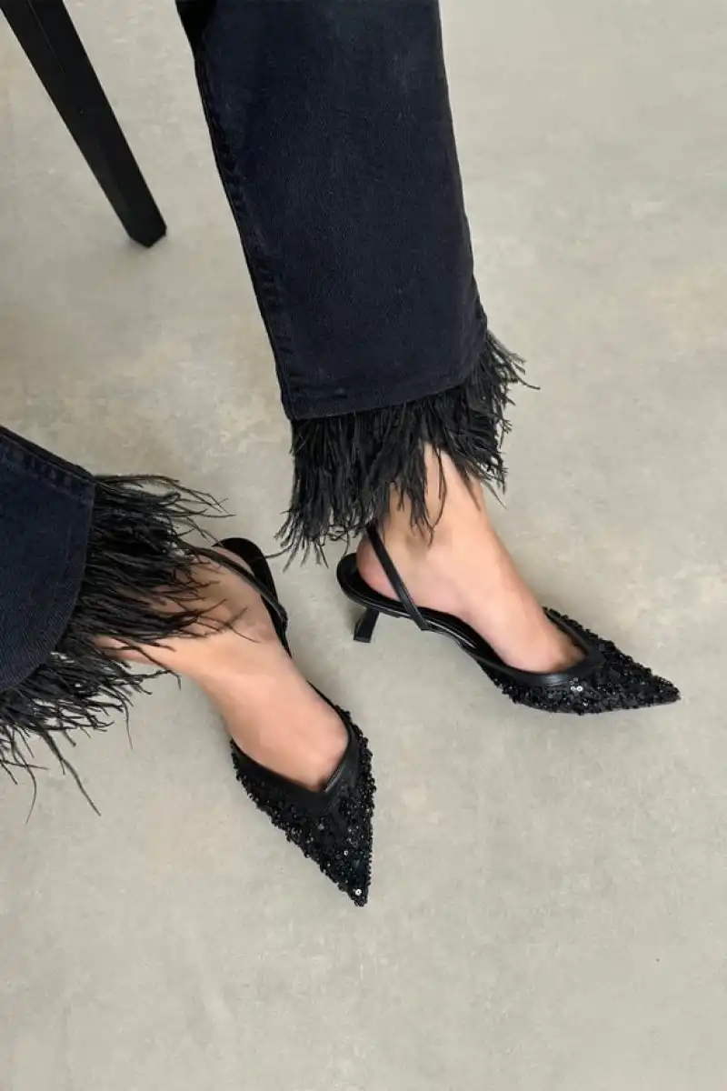 Mony Kadın Pul Detay Topuklu Ayakkabı Siyah Şık Abiye Stiletto