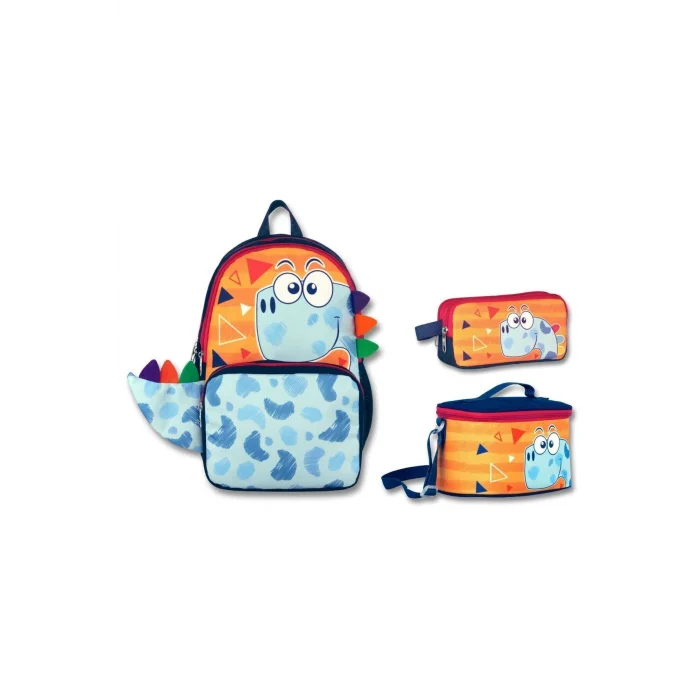 Ümit Çanta Cennec Erkek Çocuk Sevimli Dino Turuncu/Mavi Üçlü İlkokul Çanta Seti