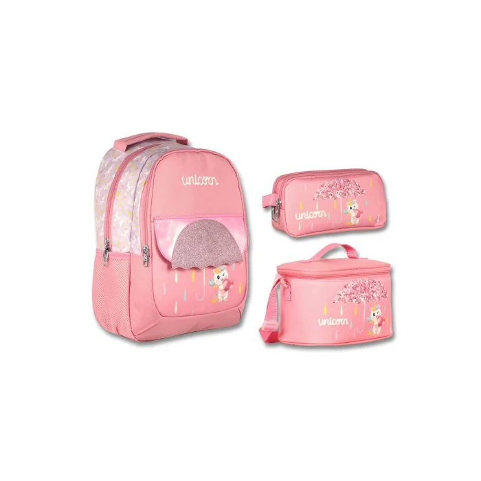 Cennec Simli Unicorn Baskılı Pembe Kız Çocuk Üçlü İlkokul Çanta Seti