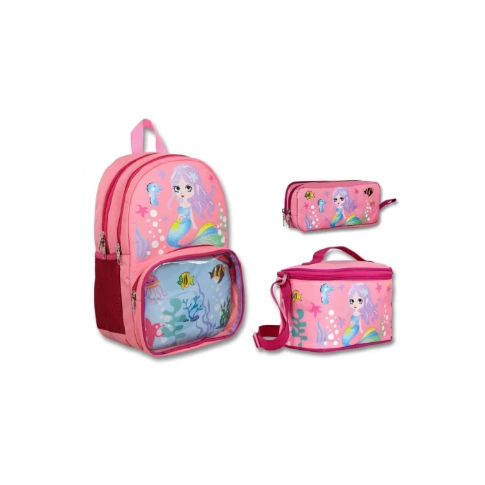 Cennec Şeffaf Bölmeli Pembe Deniz Kızı İlkokul Sırt Çantası Seti - Kız Çocuk