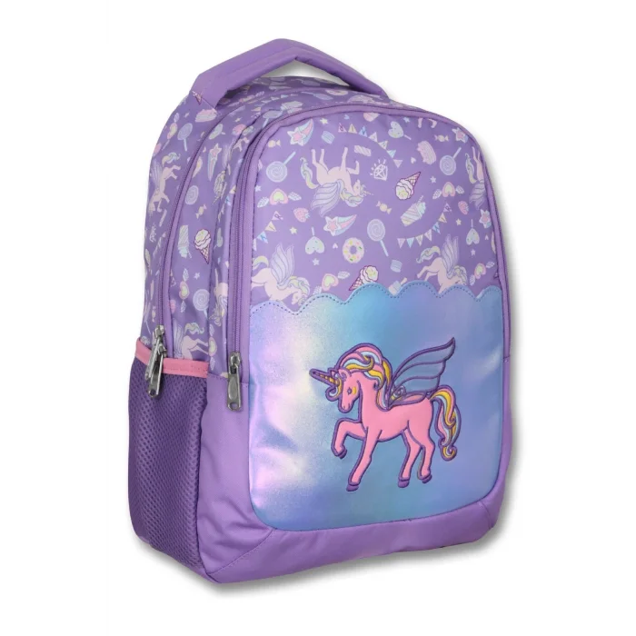 Ümit Çanta Nakışlı Unicorn Kız Çocuk Üç Gözlü Lila Renk Okul Çantası - 5027