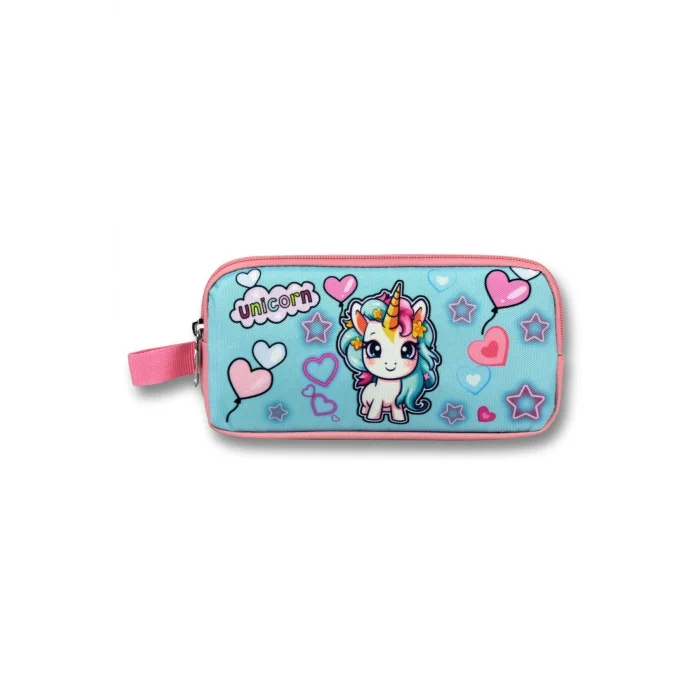 Ümit Çanta Kız Çocuklar İçin İki Bölmeli Bebek Unicorn Baskılı Kalemlik - Pembe Turkuaz - 5050