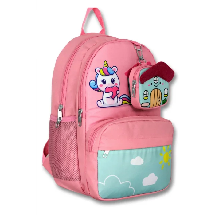 Cennec 5051 (Unicorn - Pembe Yeşil - Kız Çocuk) Okul Çantası - Sevimli Anahtarlık Dahil