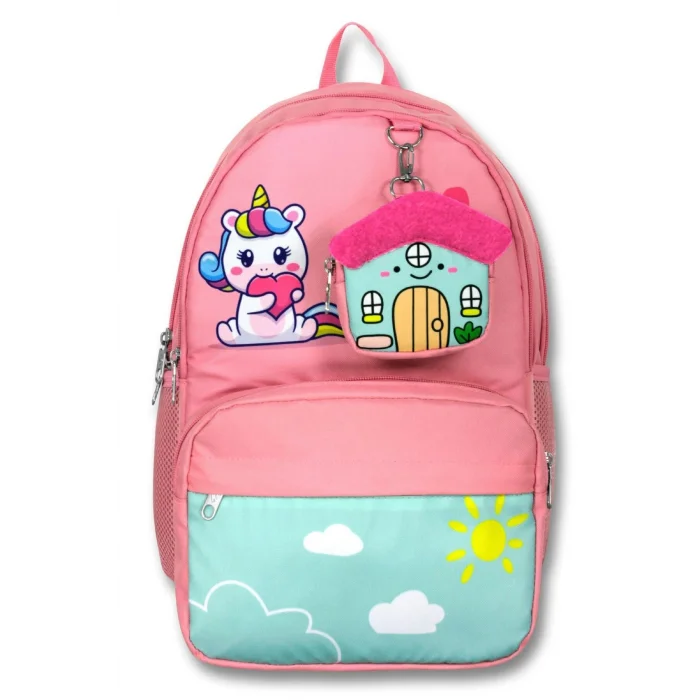 Cennec 5051 (Unicorn - Pembe Yeşil - Kız Çocuk) Okul Çantası - Sevimli Anahtarlık Dahil