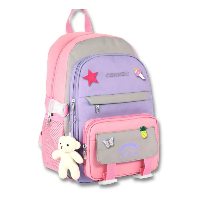 Cennec Çok Bölmeli Kız Çocuk Pembe Gri İlkokul ve Günlük Sırt Çantası - 5072