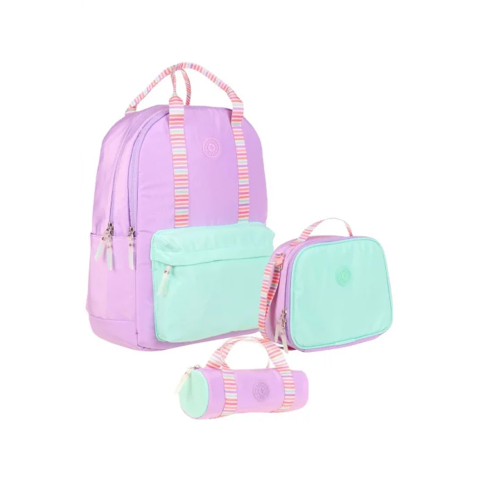 Double Stripe Kız Çocuk İlkokul Üçlü Okul Çantası Seti - Lila - Çift Renk
