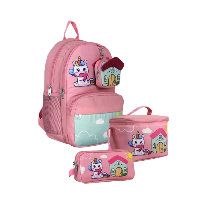 SETUMT5051A Üçlü İlkokul Çanta Seti (Pembe Yeşil - Unicorn - Kız - Sevimli Anahtarlık Dahil)