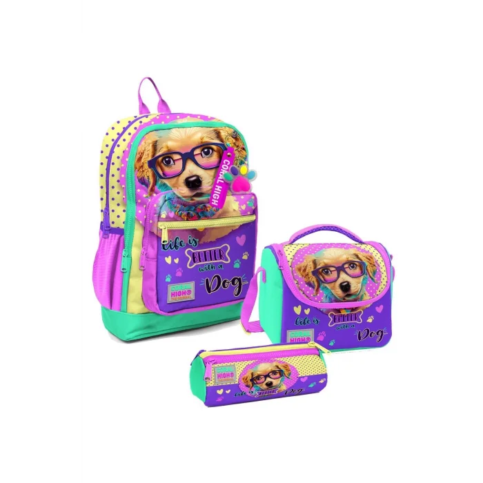 Kız Çocuk Üçlü İlkokul Okul Çanta Seti - Sarı Pembe Sevimli Köpek
