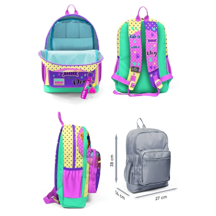 Kız Çocuk Üçlü İlkokul Okul Çanta Seti - Sarı Pembe Sevimli Köpek