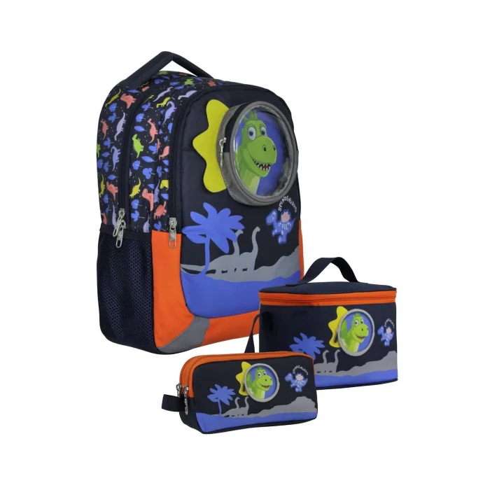 SETUMT5009A Üçlü İlkokul Çanta Seti (Mavi Kırmızı - Sevimli Dinazor - Erkek - 3D Tasarım)