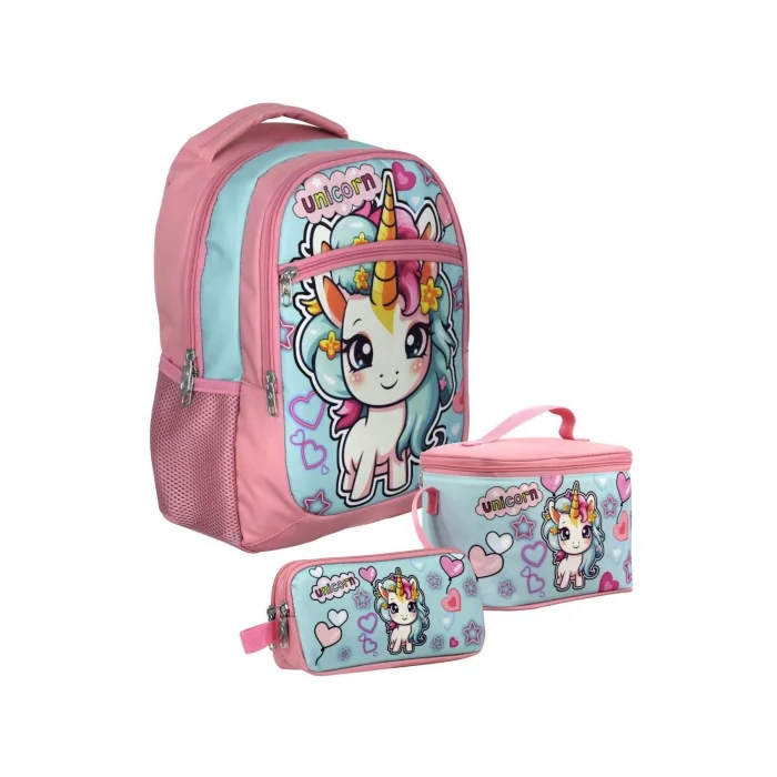 SETUMT5048A Üçlü İlkokul Çanta Seti (Pembe Turkuaz - Bebek Unicorn - Kız Çocuk)