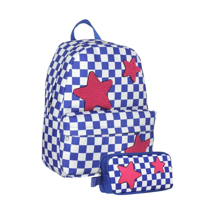 (Mavi Kırmızı - Nakışlı Yıldız - Kız) Okul Sırt Çantası ve Kalem Çantası Seti - SETUMT5086C