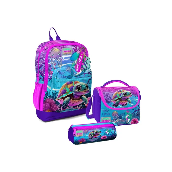 Kız Çocuk Üçlü İlkokul Okul Çanta Seti - Pembe Mor Kaplumbağa