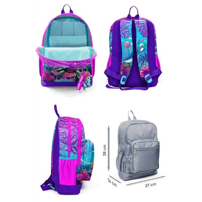 Kız Çocuk Üçlü İlkokul Okul Çanta Seti - Pembe Mor Kaplumbağa