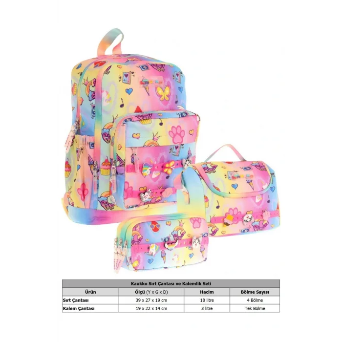 Kids Üçlü İlkokul 1.2.3.4. Sınıf Okul Çanta Seti - Mavi Sarı - Kız Çocuk - Silikon Aksesuarlı