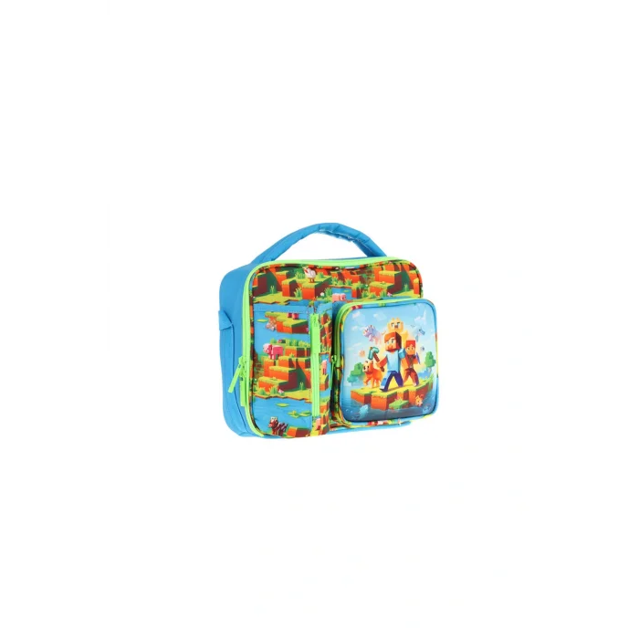 Erkek Mavi Yeşil Craft Desenli Thermo Üç Bölme (Matara Cepli) Okul Beslenme Çantası L7280