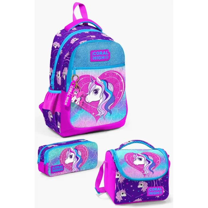 Kids Mor Pembe Unicorn Desenli 3’lü Okul Çanta Seti SET0123492