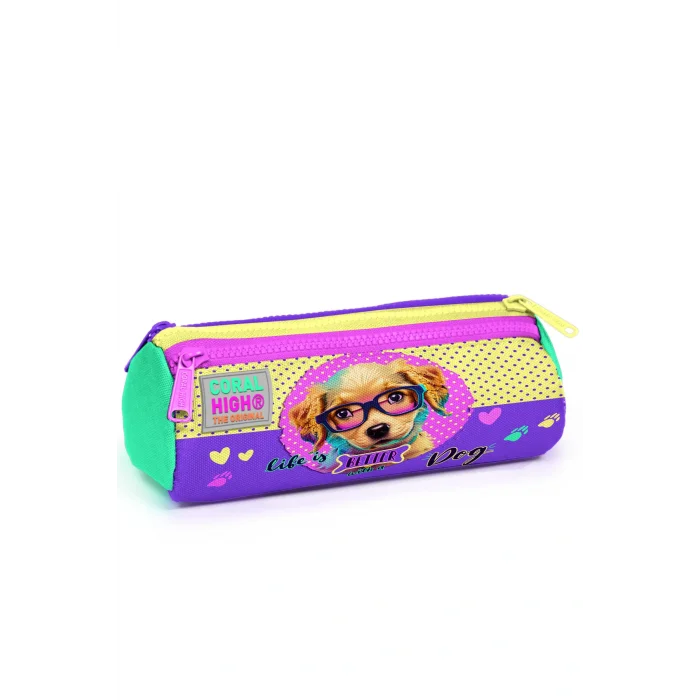 Sarı Pembe Sevimli Köpek Desenli Üç Bölmeli Kalem Çantası 22052