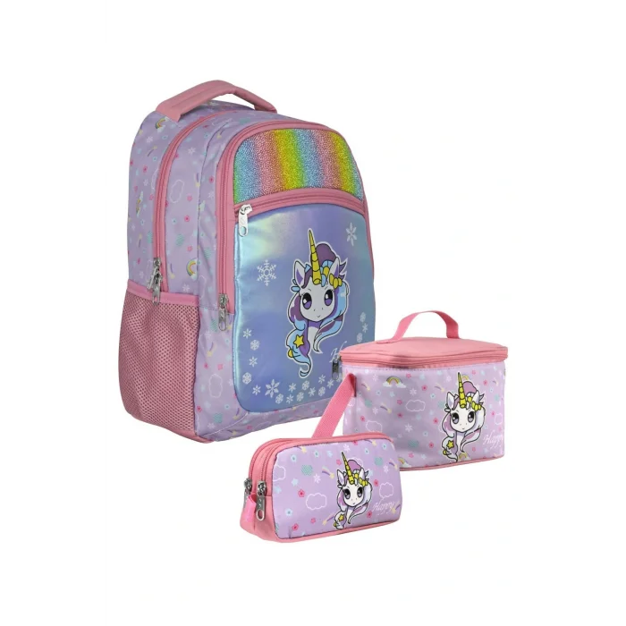SETUMT5015A Üçlü İlkokul Çanta Seti (Turkuaz Pembe - Gökkuşağı Unicorn - Kız - Simli Kumaş)