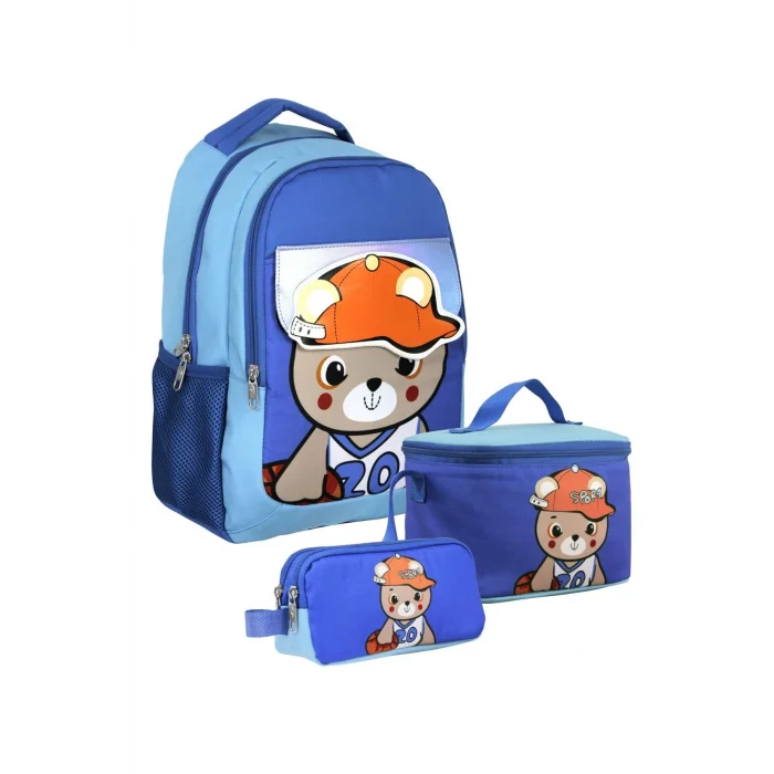 SETUMT5021A Üçlü İlkokul Çanta Seti (Mavi - Şapkalı Ayıcık - Erkek - Şapka Detaylı Bölme)