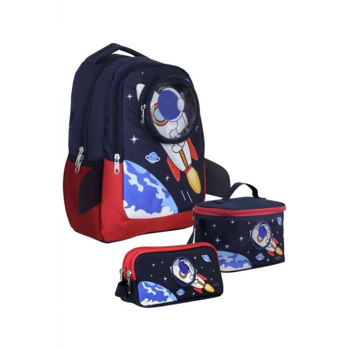 SETUMT5042A Üçlü İlkokul Çanta Seti (Lacivert Kırmızı - 3D Astronot - Erkek Çocuk)