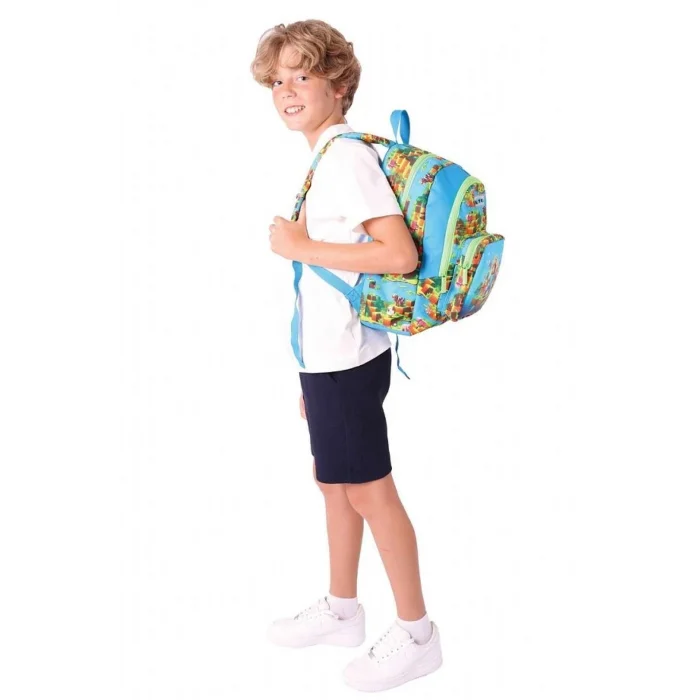 Kids Üç Bölmeli (Mavi Yeşil - Craft Baskılı) Erkek Çocuk Okul ve Günlük Sırt Çantası - L5280