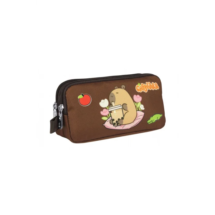 Capybara Erkek Çocuk İki Bölmeli Kalem Çantası - Bej - Kahverengi - 5232 Çok Renkli