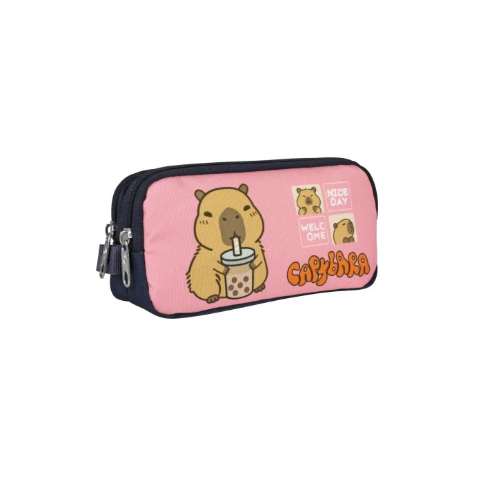 Capybara Kız Çocuk İki Bölmeli Kalem Çantası - Lacivert - Pembe - 5205 Çok Renkli