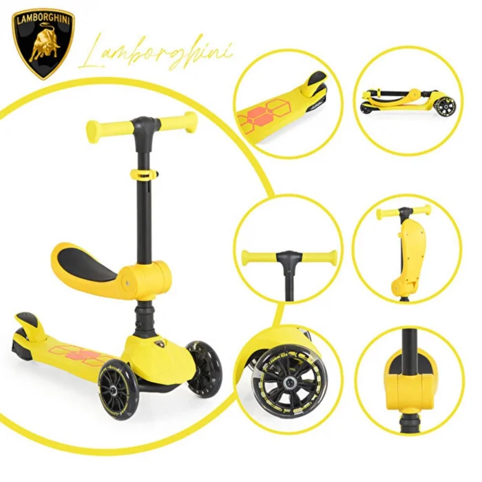 L5-2ın1-y Lamborghını Lisanslı Katlanır Oturaklı Işıklı Scooter Sarı