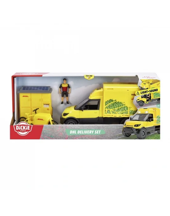 203747020 Dickie Dhl Delivery Setfreewheel Delivery Vehicle Packaging Statio