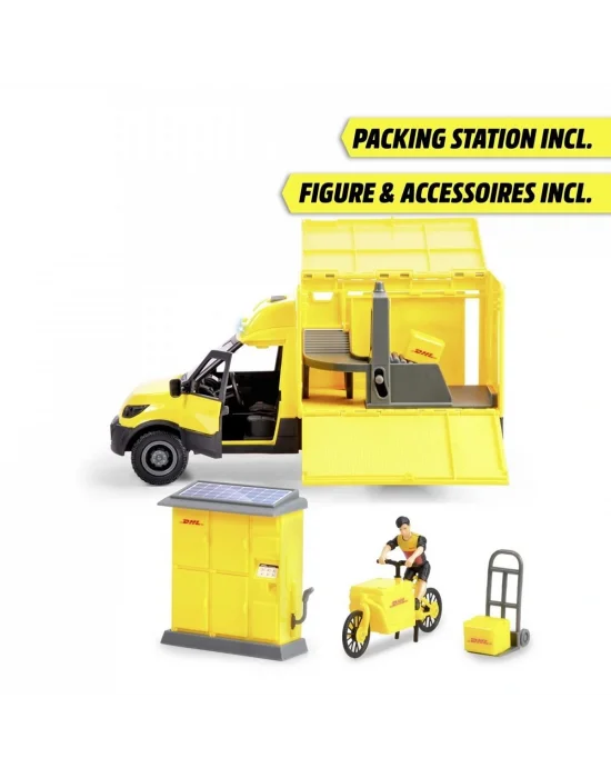203747020 Dickie Dhl Delivery Setfreewheel Delivery Vehicle Packaging Statio