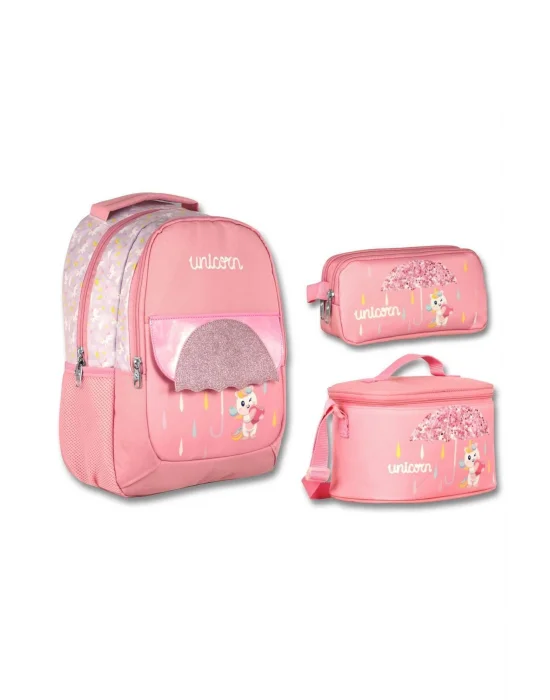 Cennec Simli Unicorn Baskılı Pembe Kız Çocuk Üçlü İlkokul Çanta Seti