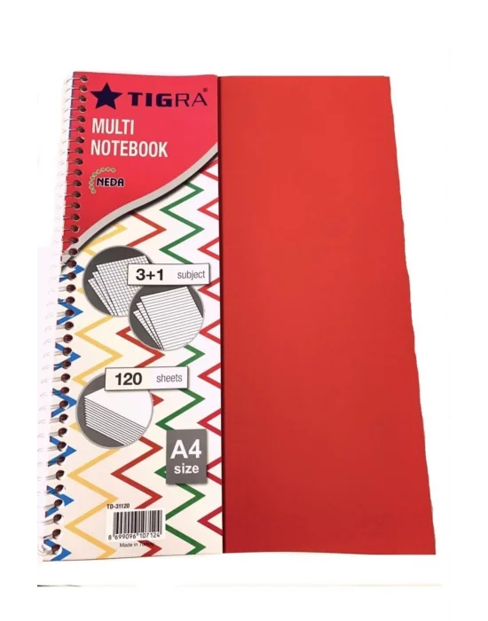 Tigra Tıgra Defter 120 Yaprak 4 Konulu 3 Kareli+ 1 Çizgili TIGRA