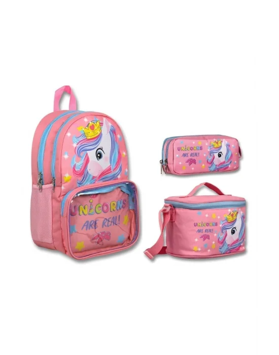Cennec Şeffaf Bölmeli Pembe Unicorn İlkokul Sırt Çantası Seti - Kız Çocuk