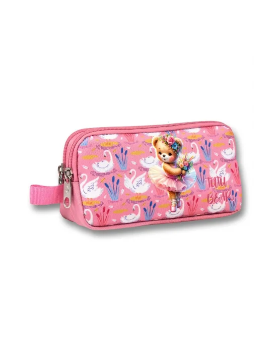 Ümit Çanta Kız Çocuklar İçin İki Bölmeli Balerin Ayıcık Baskılı Kalemlik - Pembe - 5002