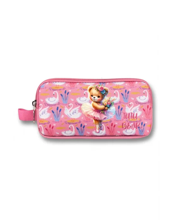 Ümit Çanta Kız Çocuklar İçin İki Bölmeli Balerin Ayıcık Baskılı Kalemlik - Pembe - 5002