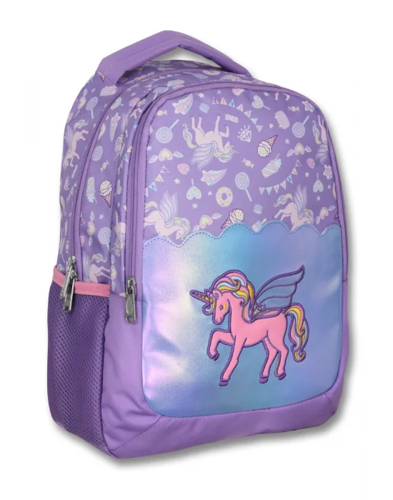 Ümit Çanta Nakışlı Unicorn Kız Çocuk Üç Gözlü Lila Renk Okul Çantası - 5027
