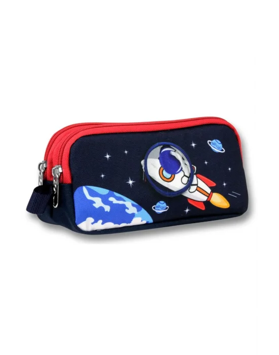Ümit Çanta Erkek Çocuklar İçin İki Bölmeli Astronot Desenli Kalemlik - Lacivert Kırmızı - 5044