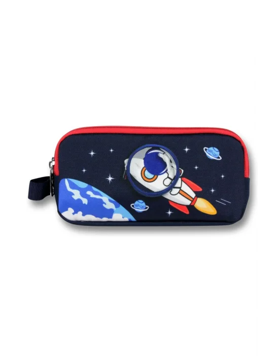 Ümit Çanta Erkek Çocuklar İçin İki Bölmeli Astronot Desenli Kalemlik - Lacivert Kırmızı - 5044