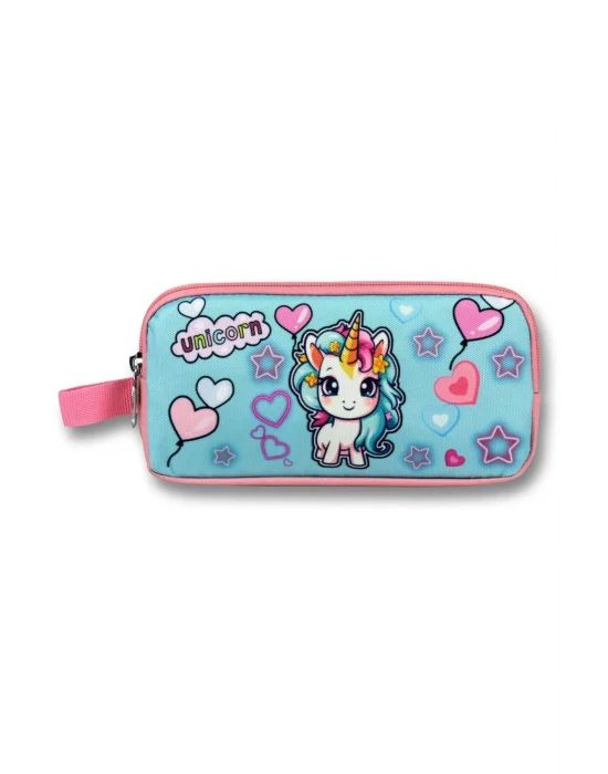 Ümit Çanta Kız Çocuklar İçin İki Bölmeli Bebek Unicorn Baskılı Kalemlik - Pembe Turkuaz - 5050