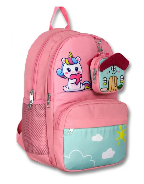 Cennec 5051 (Unicorn - Pembe Yeşil - Kız Çocuk) Okul Çantası - Sevimli Anahtarlık Dahil