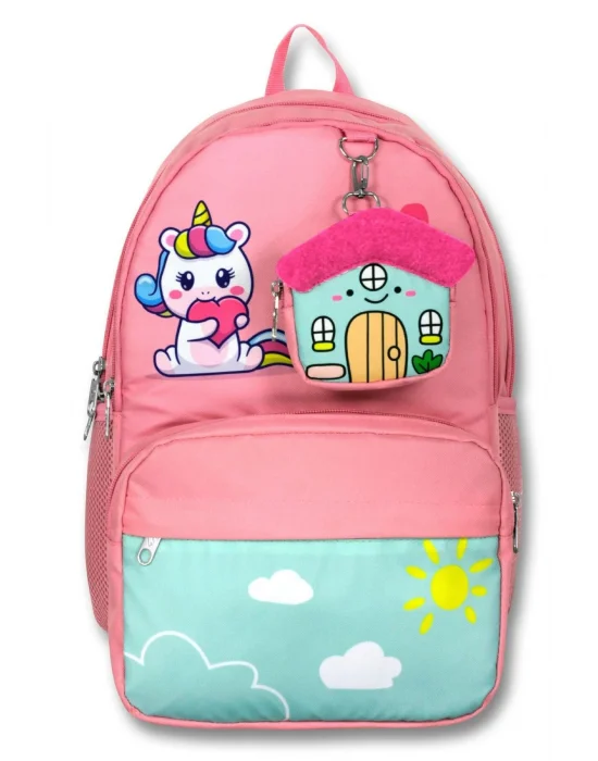 Cennec 5051 (Unicorn - Pembe Yeşil - Kız Çocuk) Okul Çantası - Sevimli Anahtarlık Dahil