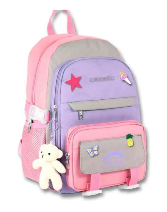 Cennec Çok Bölmeli Kız Çocuk Pembe Gri İlkokul ve Günlük Sırt Çantası - 5072