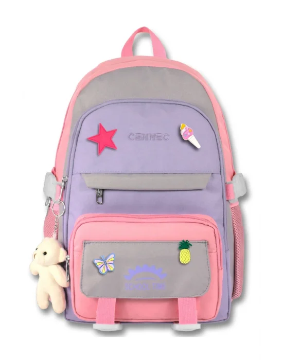 Cennec Çok Bölmeli Kız Çocuk Pembe Gri İlkokul ve Günlük Sırt Çantası - 5072