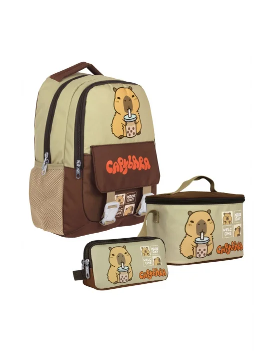 (Erkek Çocuk - Kahverengi - Bej) İlkokul Üçlü Çanta Seti - SETCPB5200A