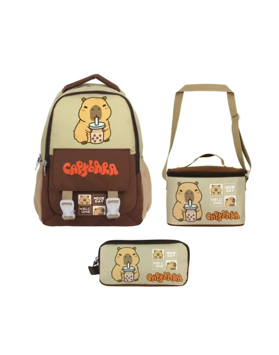 (Erkek Çocuk - Kahverengi - Bej) İlkokul Üçlü Çanta Seti - SETCPB5200A