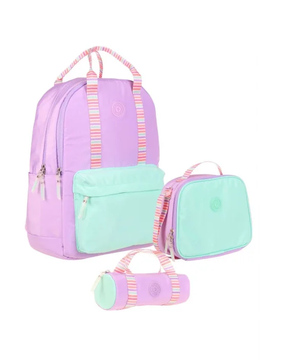 Double Stripe Kız Çocuk İlkokul Üçlü Okul Çantası Seti - Lila - Çift Renk