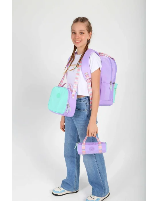 Double Stripe Kız Çocuk İlkokul Üçlü Okul Çantası Seti - Lila - Çift Renk